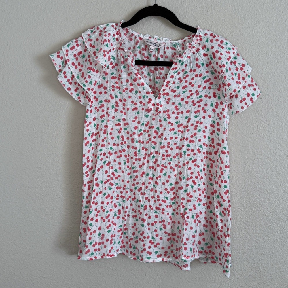 Nanette Lepore Womens Small Cherry Print Blouse Y2K Coquette Dainty Retro Ruffle